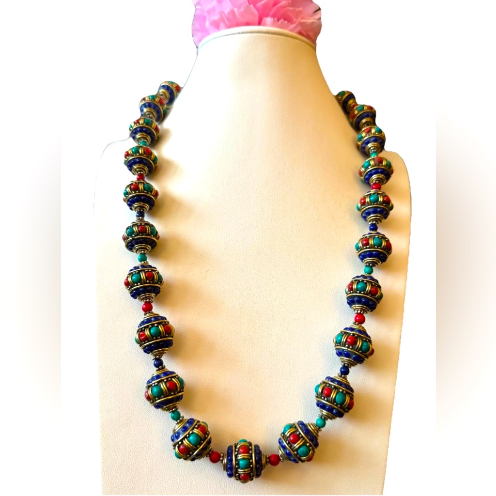 Gorgeous Handmade Ethnic Tibetan Silver Beads Necklace Inlay With Multi Stones